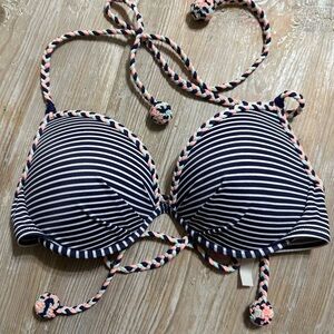 Victoria's Secret Fabulous Striped Bikini Top Navy Blue Nautical Pom Poms 34D